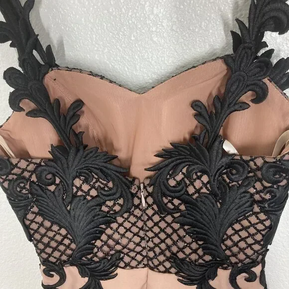 Portia & Scarlett Y2K Dress Small Nude Black Embroidered Fitted Gown Formal - Picture 9 of 13